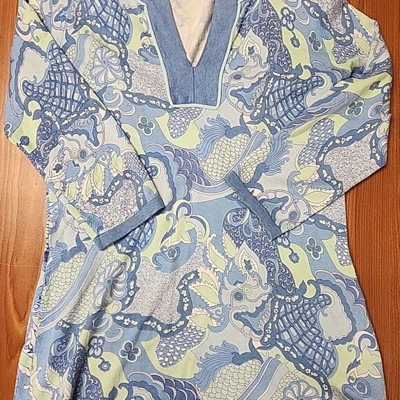 J McLaughlin Women's Blue Print Tunic Top Cover Up Size S V Neck Catalina Cloth - Picture 2 of 9